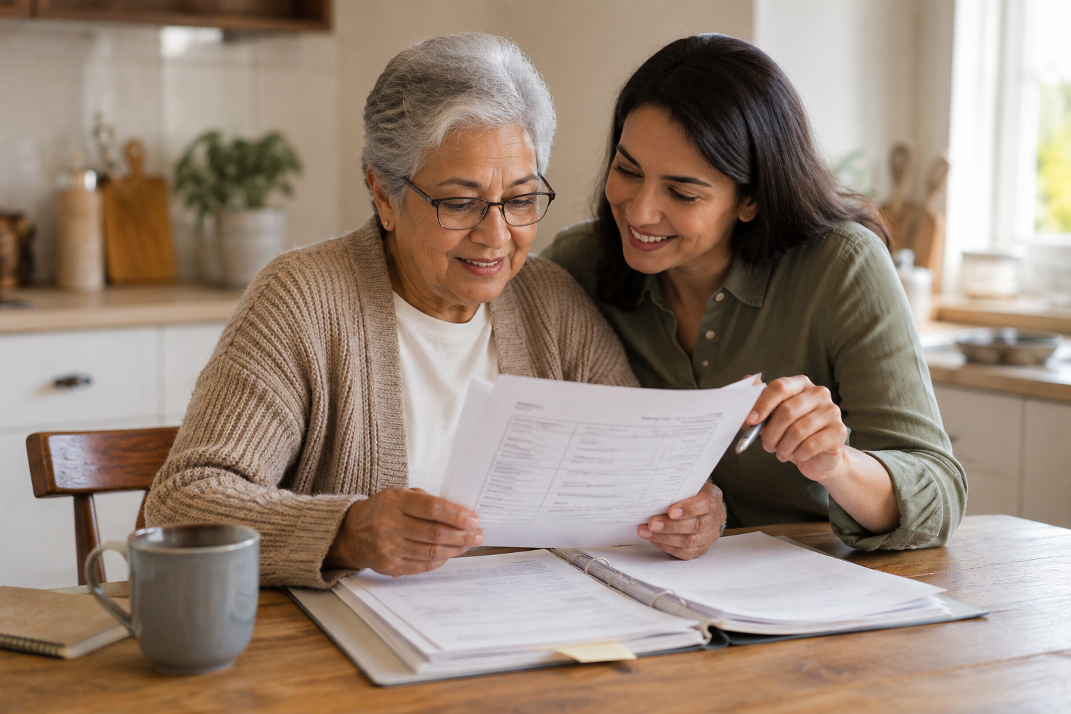 Adult child helping a parent organize medical test results during a kidney transplant evaluation