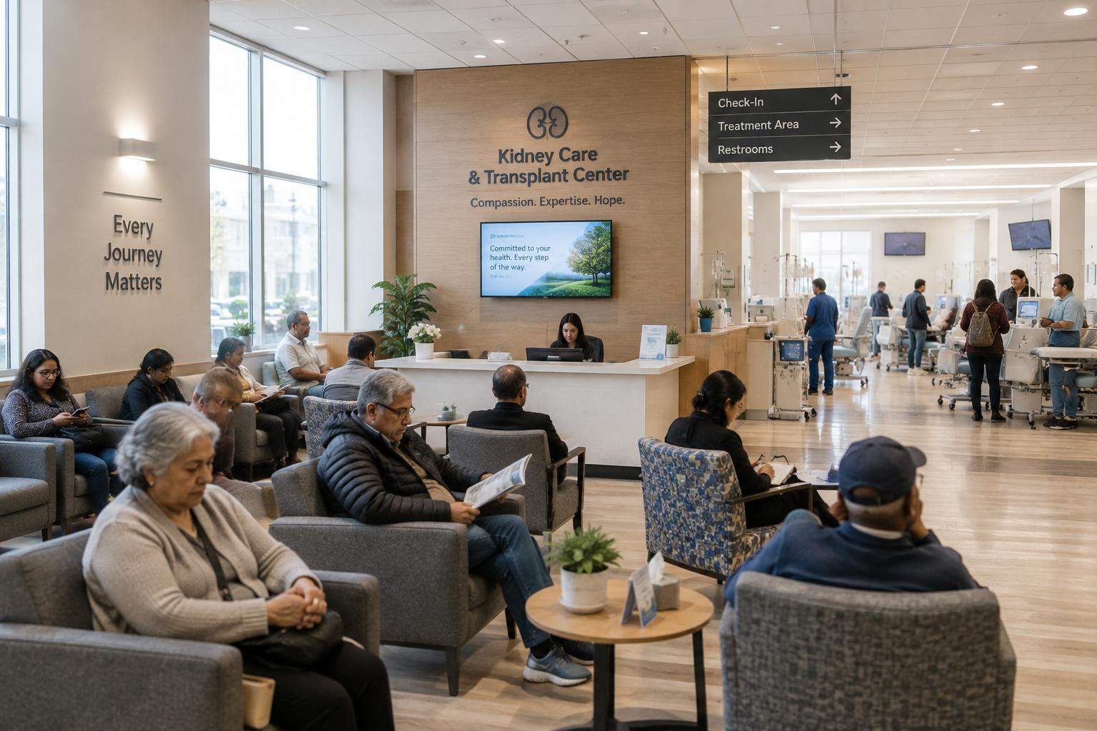 Patient waiting in a dialysis center, illustrating the long evaluation process before a kidney transplant