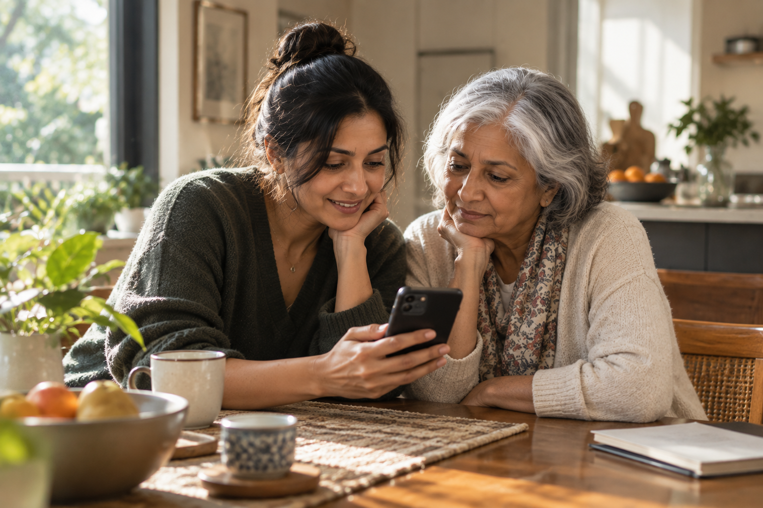 An adult daughter and her older mother looking at a smartphone screen together at a kitchen table