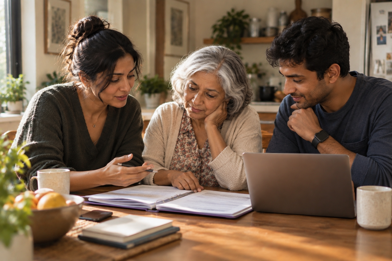 Two adult siblings and their older parent having a calm conversation at a kitchen table with paperwork and a laptop, setting up shared access together