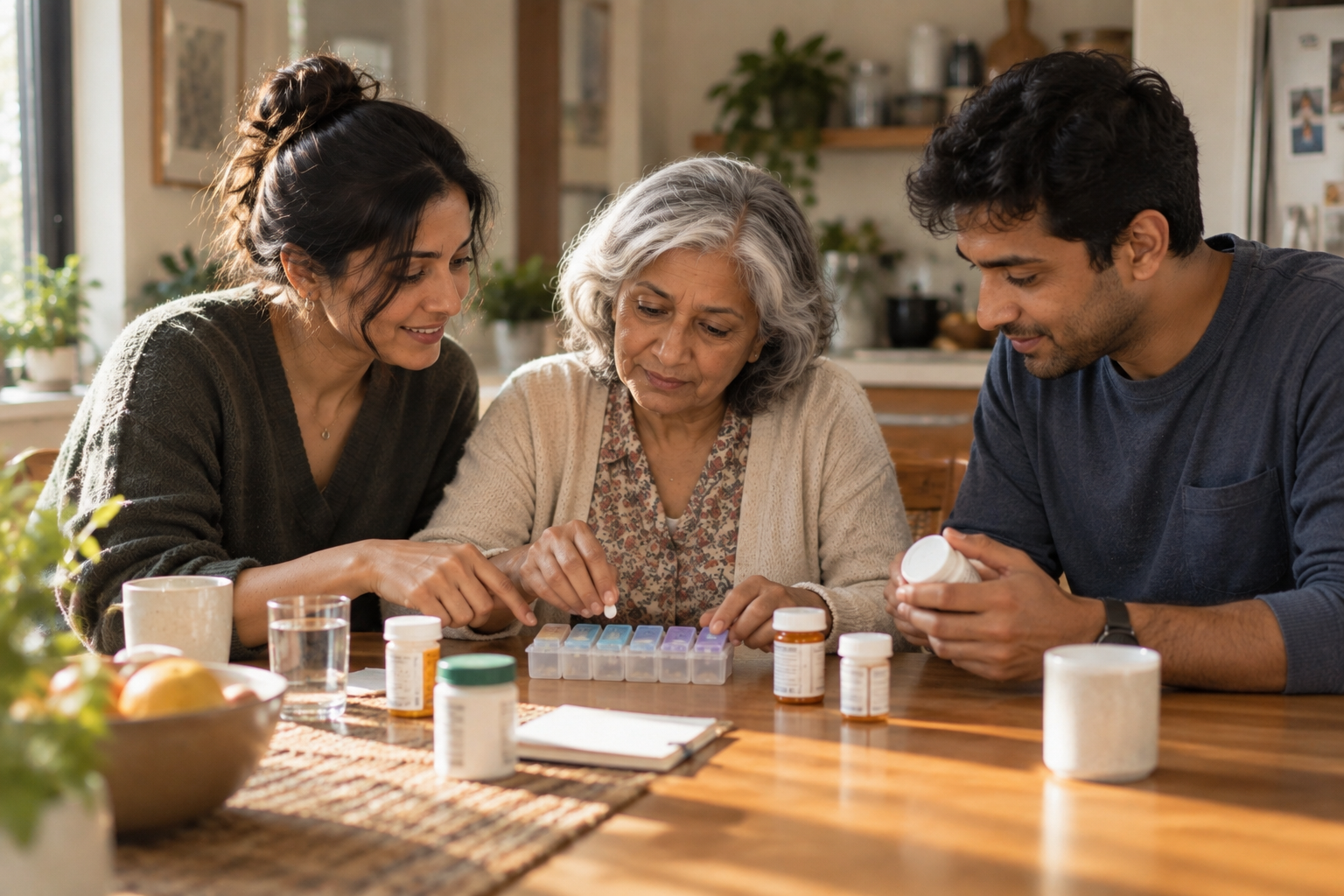 Two adult siblings helping their mother organize her weekly medications at the kitchen table