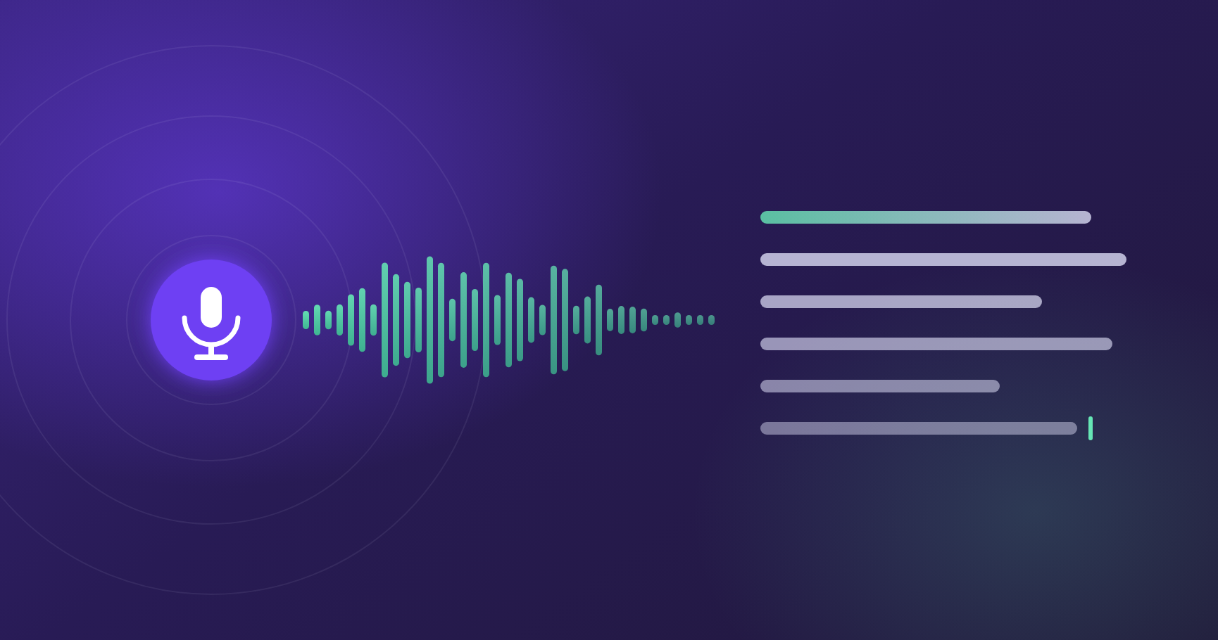 Illustration of a microphone emitting a sound waveform that resolves into lines of written text with a blinking cursor, on a deep purple background