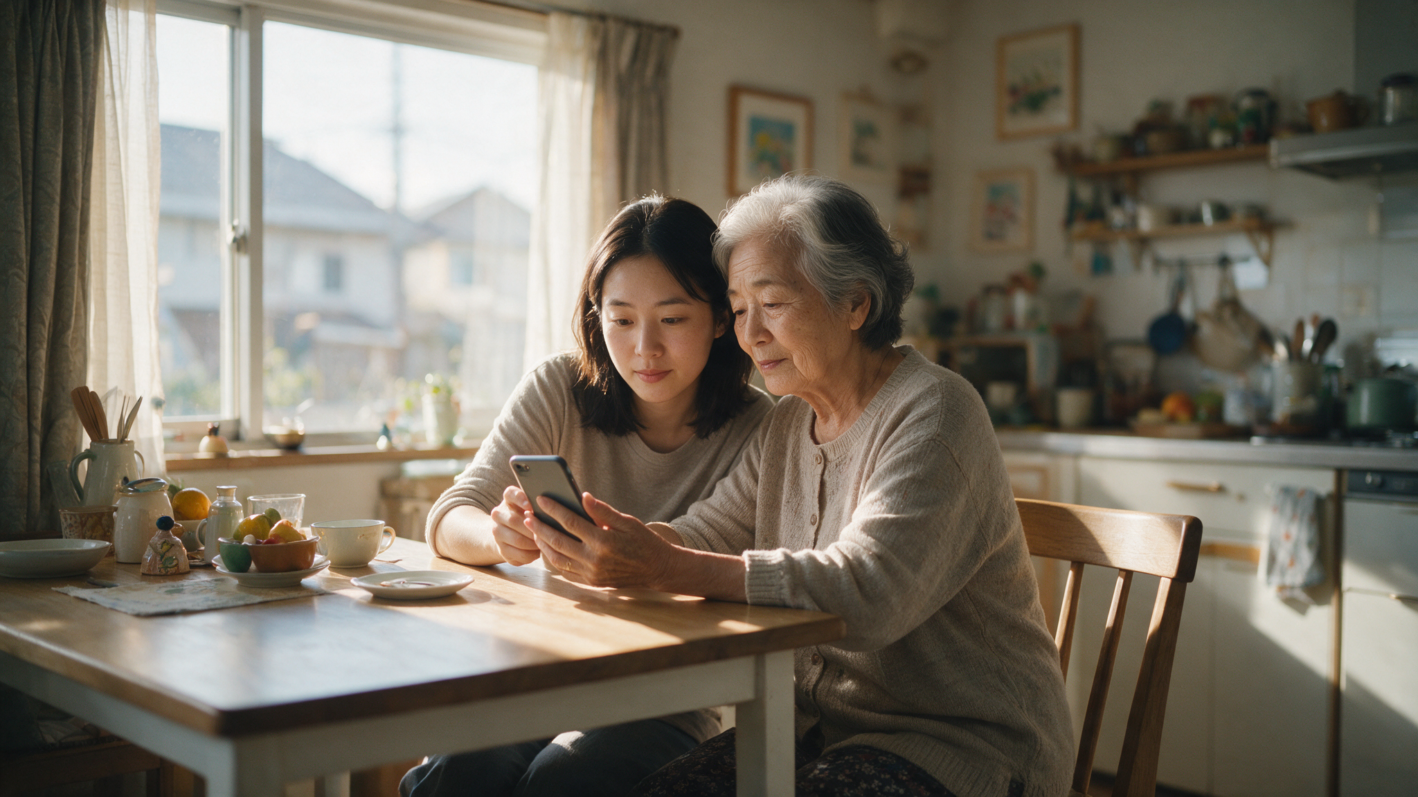 An adult daughter and her senior mother sitting together at a kitchen table, looking at a smartphone screen in natural daylight