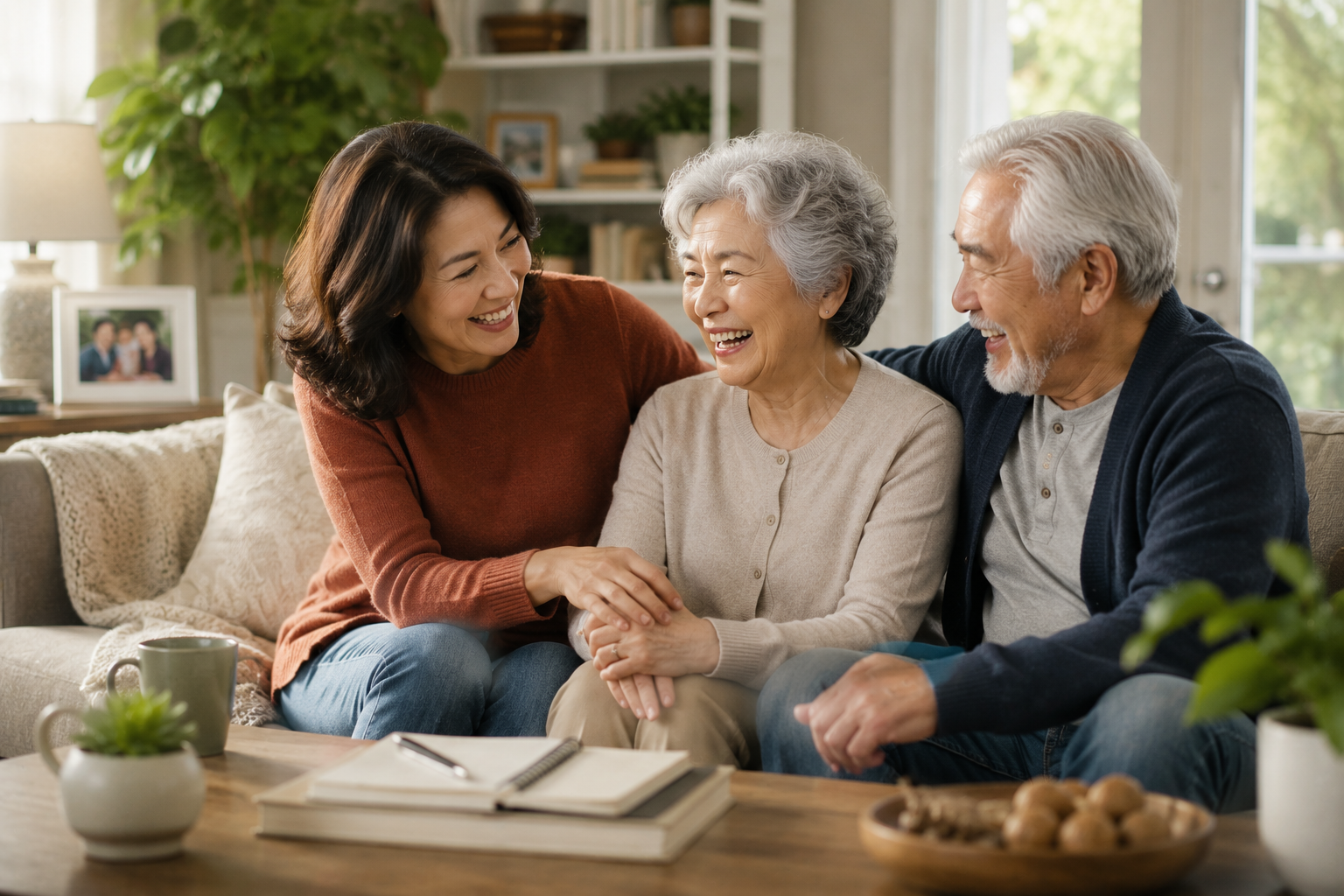 An adult daughter helping her mother sort through medical bills and insurance paperwork