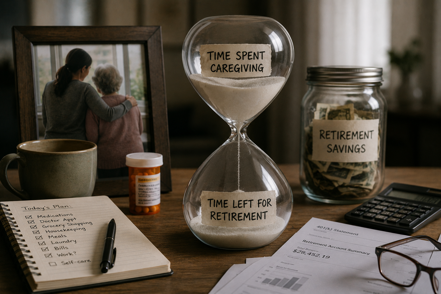 An adult child sitting with an aging parent, reviewing paperwork and bills at a kitchen table