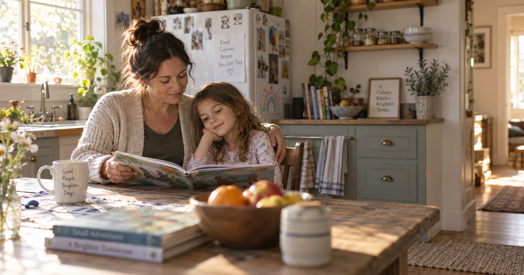 A mother and young daughter reading a picture book together at a sunlit kitchen table