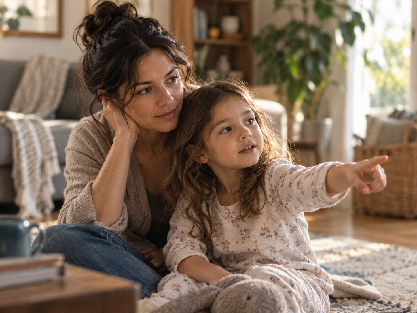 A mother and young daughter sitting together on a living room rug, the child pointing at something off-frame while her mother watches attentively