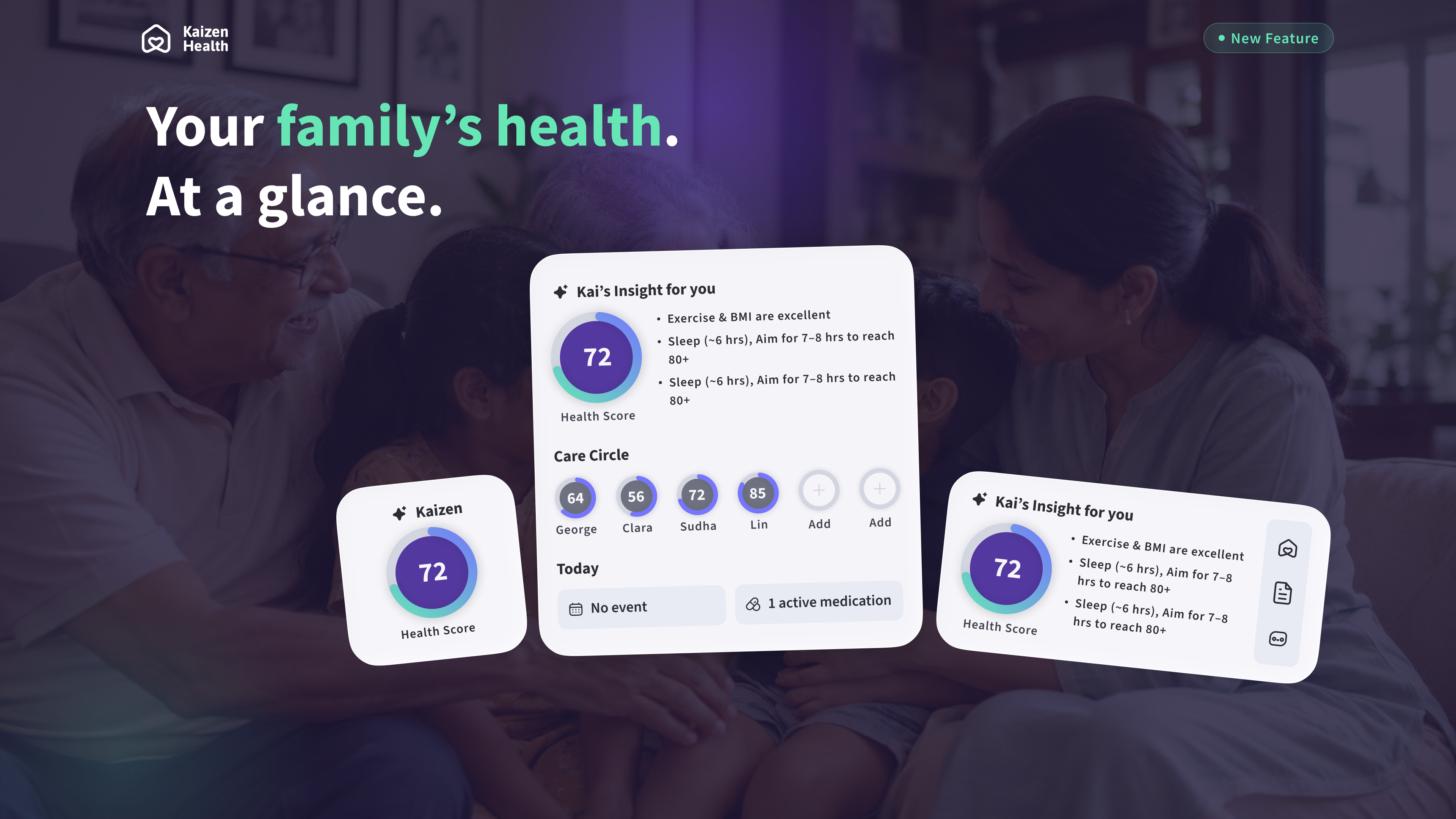 Kaizen Health's small, medium, and large iPhone Home Screen widgets displayed over a family photo.